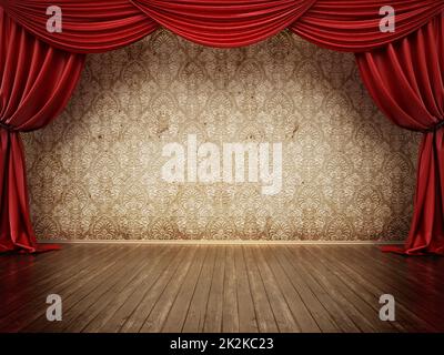 Theaterbühne mit rotem Vorhang und Parkettboden. 3D Abbildung Stockfoto