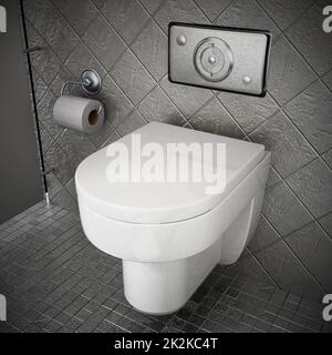 Moderne Toilette in der Toilette mit grauen Steinen. 3D Abbildung Stockfoto