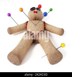 Voodoo-Puppe mit isolierten Nadeln auf weißem Hintergrund. Stockfoto