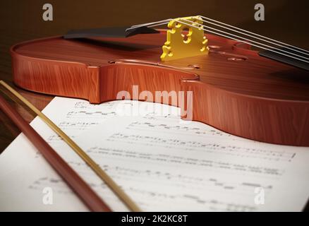 Nahaufnahme der Geige, die auf einem Notenblatt steht. 3D Abbildung Stockfoto