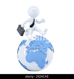 Geschäftsmann, ein Globus herumlaufen. Isoliert auf weißem Hintergrund Stockfoto
