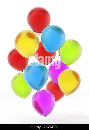 Fliegende mehrfarbige Ballons isoliert auf weißem Hintergrund. 3D Abbildung Stockfoto