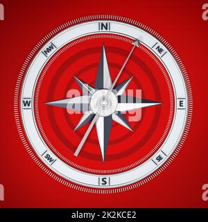 Kompasssymbol auf rotem Hintergrund isoliert. 3D Abbildung Stockfoto