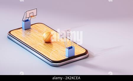 Basketballfeld auf Smartphone-Bildschirm. 3D-Rendering Stockfoto