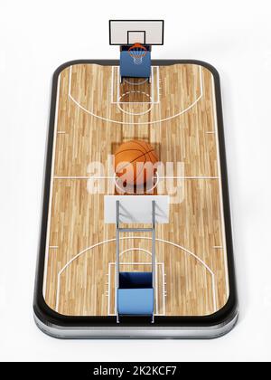 Basketballfeld auf Smartphone-Bildschirm. 3D-Rendering Stockfoto