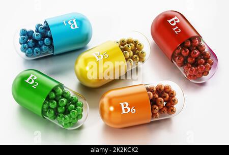 Verschiedene Vitamin-B-Pillen auf weißem Hintergrund isoliert. 3D Abbildung Stockfoto