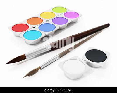 Aquarellfarben und Pinsel isoliert auf weißem Hintergrund. 3D Abbildung Stockfoto