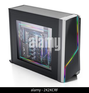 Modernes PC-Gehäuse mit RGB-LED-Leuchten. 3D Abbildung Stockfoto