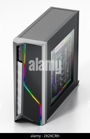 Modernes PC-Gehäuse mit RGB-LED-Leuchten. 3D Abbildung Stockfoto