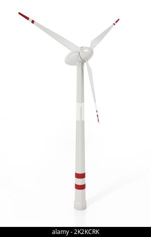 Windturbine auf weißem Hintergrund isoliert. 3D Abbildung Stockfoto