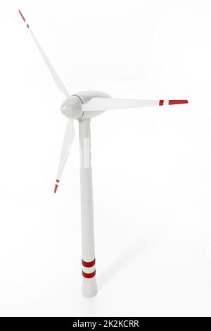 Windturbine auf weißem Hintergrund isoliert. 3D Abbildung Stockfoto