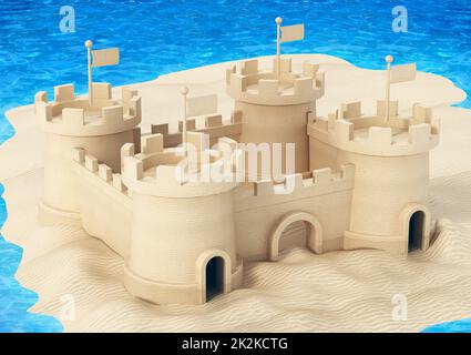 Sandcastle am Wasser, erbaut auf dem Strand Sand. 3D Abbildung Stockfoto