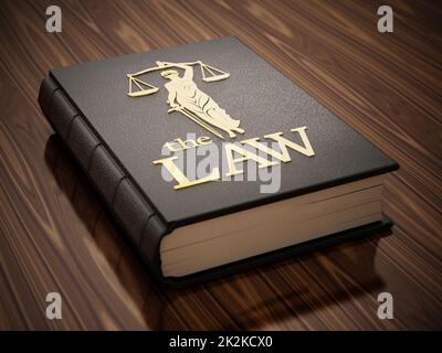 Schwarzes Buch mit dem Titel "das Gesetz steht auf dem Holztisch". 3D Abbildung Stockfoto