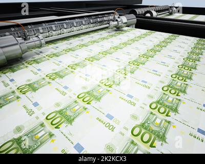 Gelddruckmaschine druckt 100-Euro-Banknoten. 3D Abbildung Stockfoto