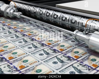 Gelddruckmaschine druckt 100-Dollar-Banknoten. 3D Abbildung Stockfoto