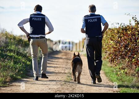 Beginn der Ermittlungen. Rückansicht Aufnahme von zwei Polizisten und einem Polizeihund, der eine unbefestigte Straße entlang ging. Stockfoto