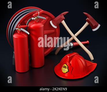 Feuerwehrhut, Schlauch, Feuerlöscher und Äxte. 3D Abbildung Stockfoto