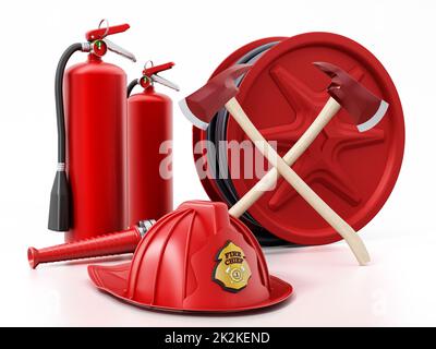 Feuerwehrhut, Schlauch, Feuerlöscher und Äxte. 3D Abbildung Stockfoto