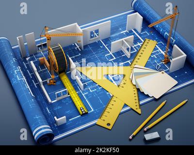 Hausbauprojekt. 3D Abbildung Stockfoto