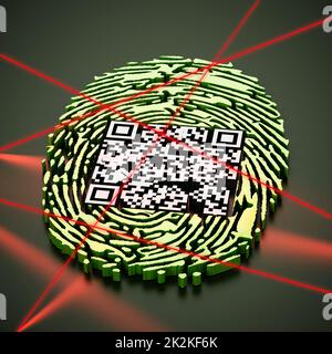 Generischer QR-Code im gescannten Fingerabdruck. 3D Abbildung Stockfoto