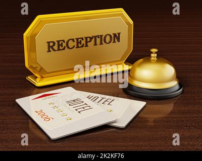 Hotelschlüsselkarte, Glocke und Rezeptionsschild an der Hotelrezeption. 3D Abbildung Stockfoto