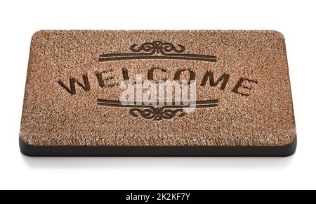 Türmatte mit Begrüßungstext isoliert auf weißem Hintergrund. 3D Abbildung Stockfoto