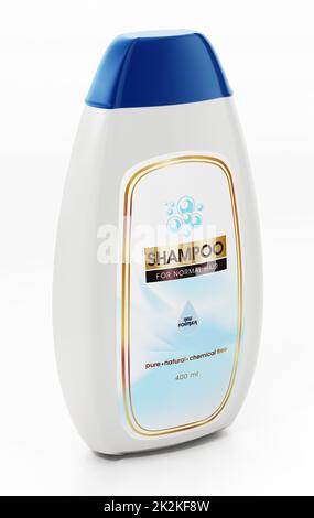 Generisches Shampooflaschen- und Etikettendesign isoliert auf weißem Hintergrund. 3D Abbildung Stockfoto