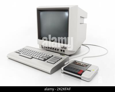 Oldtimer-PC mit Kassettenleser. 3D Abbildung Stockfoto