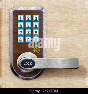 Digitale Sicherheitstastatur und Knopf an der Tür. 3D Abbildung Stockfoto