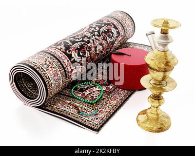 Red fez Hut, Teppich, Gebetsperlen und Hookah. 3D Abbildung Stockfoto