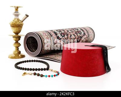 Red fez Hut, Teppich, Gebetsperlen und Hookah. 3D Abbildung Stockfoto