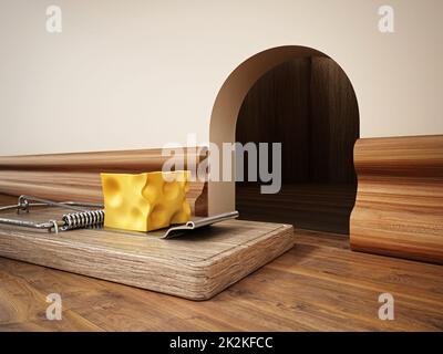 Mausefalle mit einem Stück Käse, das vor dem Mausloch steht. 3D Abbildung Stockfoto