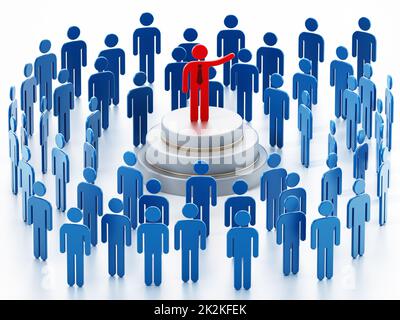 Eine öffentliche Rednerin, eine rote Figur, umgeben von blauen Figuren, die eine Rede halten Stockfoto