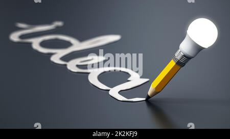 Bleistift mit gelateter Glühbirne auf schwarzem Hintergrund. 3D Abbildung Stockfoto