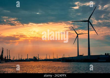 Windturbinen im Hafen von Antwerpen bei Sonnenuntergang. Stockfoto