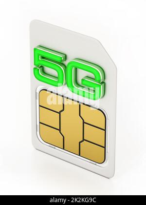 5G SIM-Karte isoliert auf weißem Hintergrund. 3D Abbildung Stockfoto