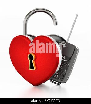 Der Autoschlüssel befindet sich in einem offenen, roten, herzförmigen Karton. 3D Abbildung Stockfoto