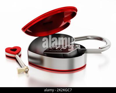 Der Autoschlüssel befindet sich in einem offenen, roten, herzförmigen Karton. 3D Abbildung Stockfoto