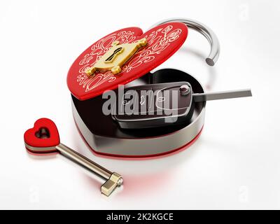 Der Autoschlüssel befindet sich in einem offenen, roten, herzförmigen Karton. 3D Abbildung Stockfoto