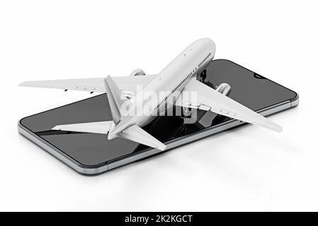 Das Flugzeug steht auf dem Smartphone-Bildschirm. 3D Abbildung Stockfoto