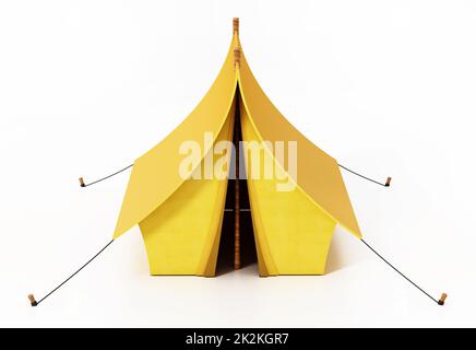Gelbes Campingzelt isoliert auf weißem Hintergrund. 3D Abbildung Stockfoto
