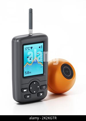 Digitaler Fischfinder und orangefarbene Unterwassersonde auf weißem Hintergrund isoliert. 3D Abbildung Stockfoto