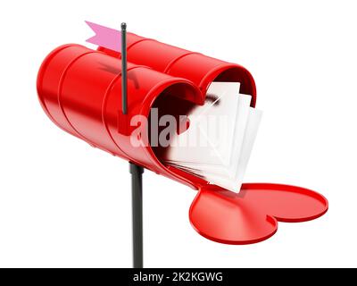 Offener, herzförmiger Briefkasten voller Liebesbriefe. 3D Abbildung Stockfoto