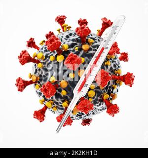 Generisches Virus und Thermometer auf weißem Hintergrund isoliert. 3D Abbildung Stockfoto