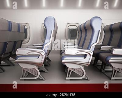 Blick auf einen Flugzeugkorridor mit Sitzreihe. 3D Abbildung Stockfoto