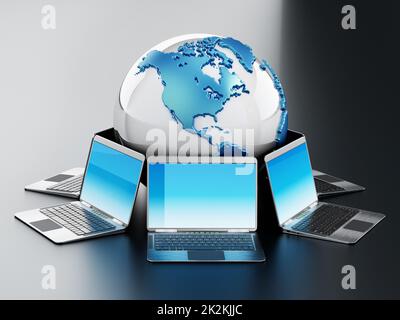 Laptops rund um den Globus. 3D Abbildung Stockfoto