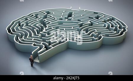 Ein Geschäftsmann steht am Eingang des Gehirnlabyrinths 3D-Illustration Stockfoto