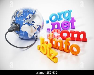 Domänennamenerweiterungen weltweit mit Netzwerkkabel. 3D Abbildung Stockfoto