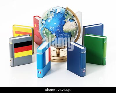 Erdkugelmodell und Wörterbücher mit verschiedenen Flaggen isoliert auf weißem Hintergrund. 3D Abbildung Stockfoto