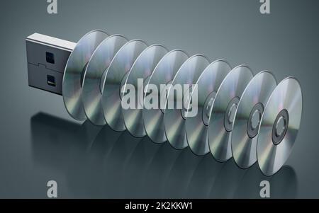 USB-Stick mit gestapelten Discs, isoliert auf schwarzem Hintergrund. 3D Abbildung Stockfoto